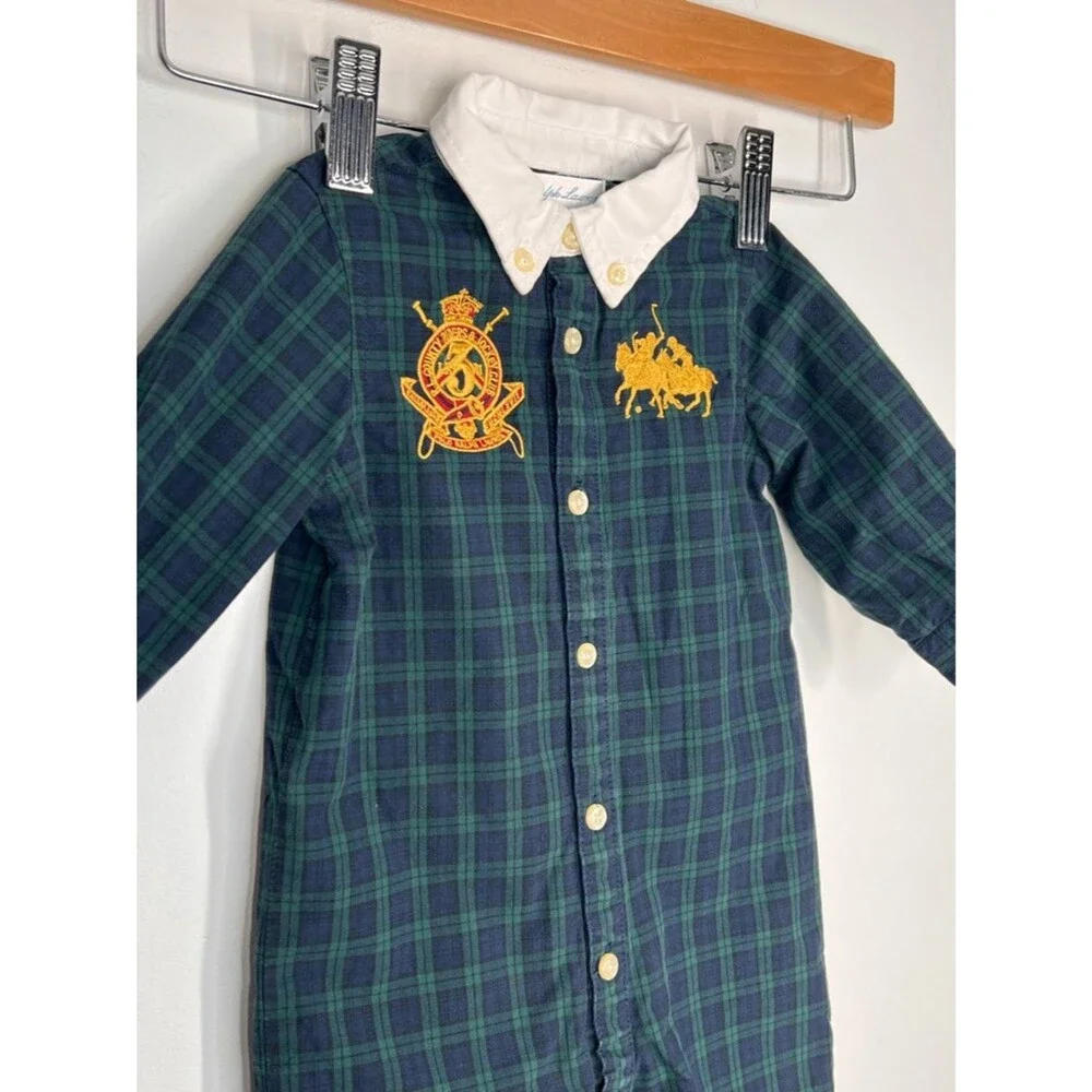 Ralph Lauren Plaid Embroidered Crest Jockey Club Polo Button Up One Piece 3M